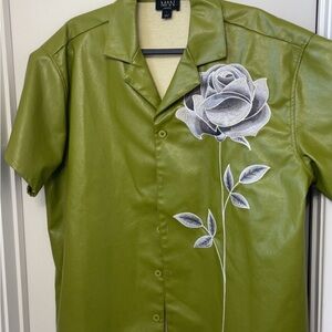 Boohoo Mens Olive Leather Shirt with Floral Design